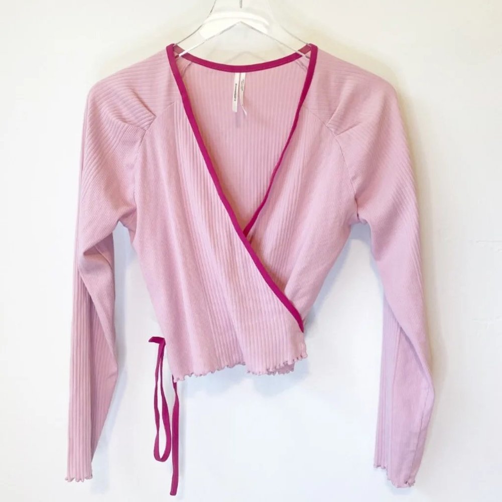 Anthropologie Pink Ribbed Wrap Top